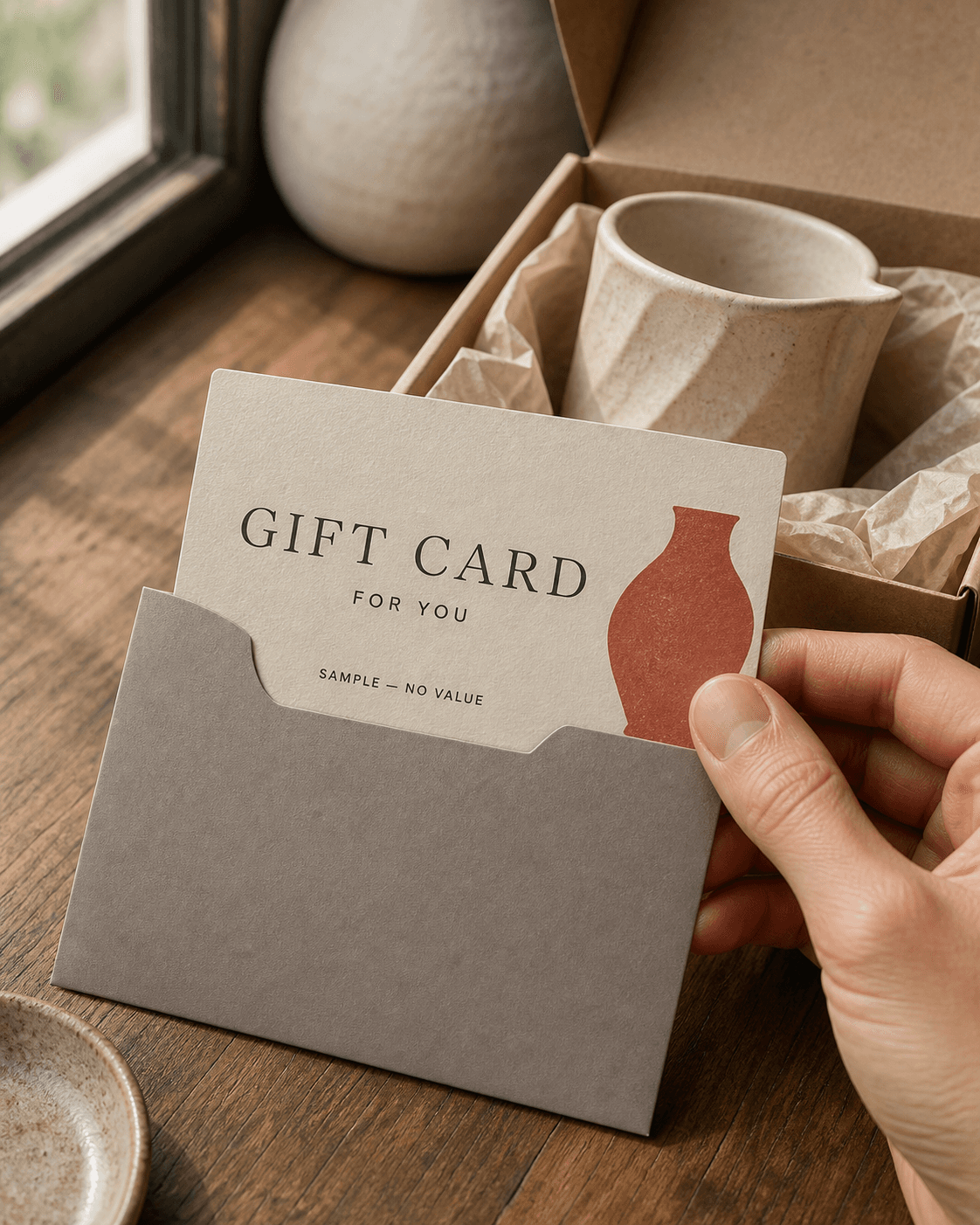 Illustrative gift-card sample partly removed from its sleeve beside a ceramic cup and gift packaging.