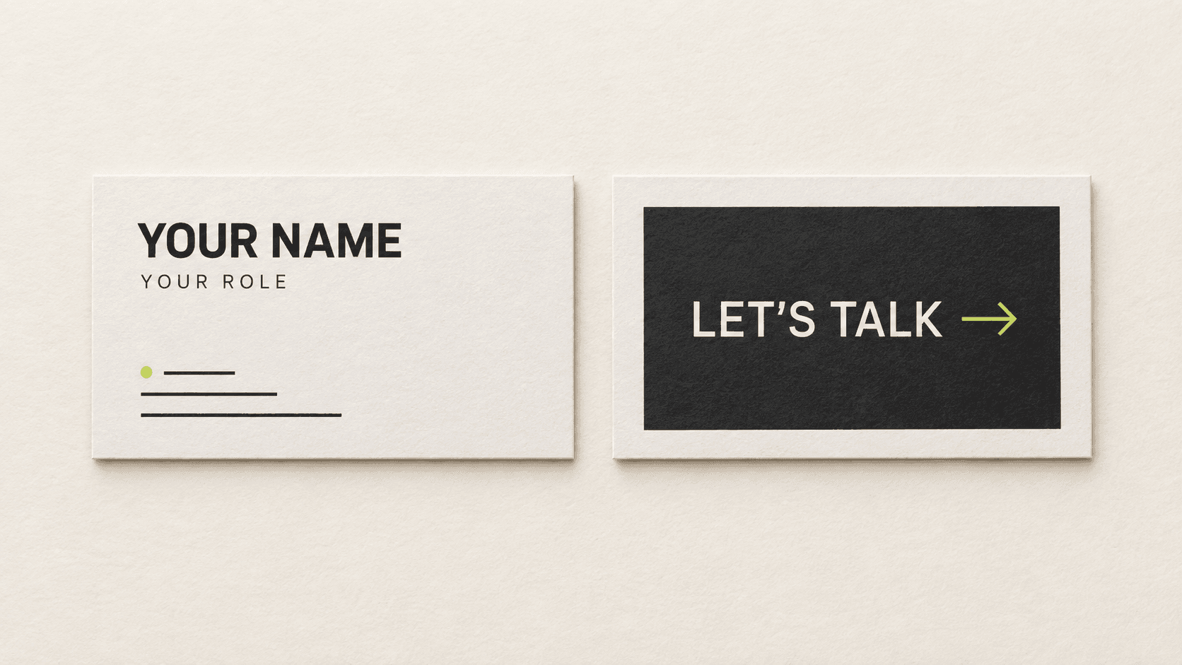 Conceptual business card front with a name-and-contact hierarchy beside a back with a single call to action.