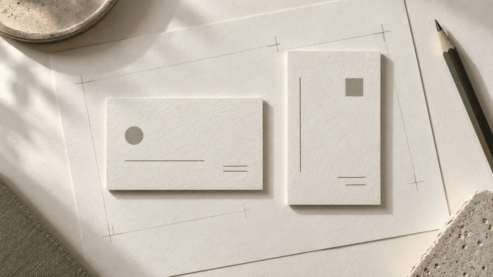 Landscape and portrait business card mockups beside paper sizing guides