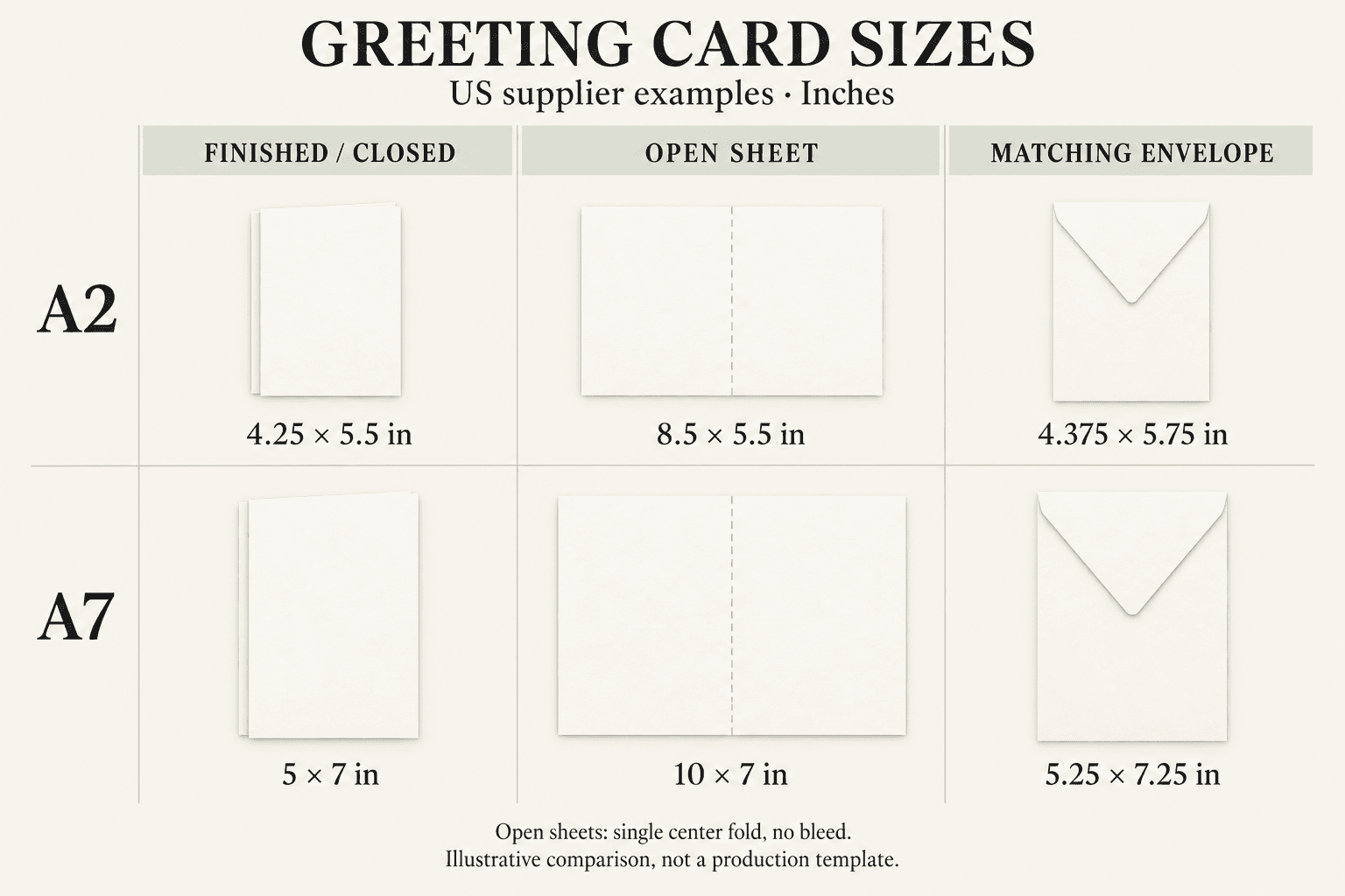 Greeting card size chart comparing finished cards, open sheets, and matching envelopes