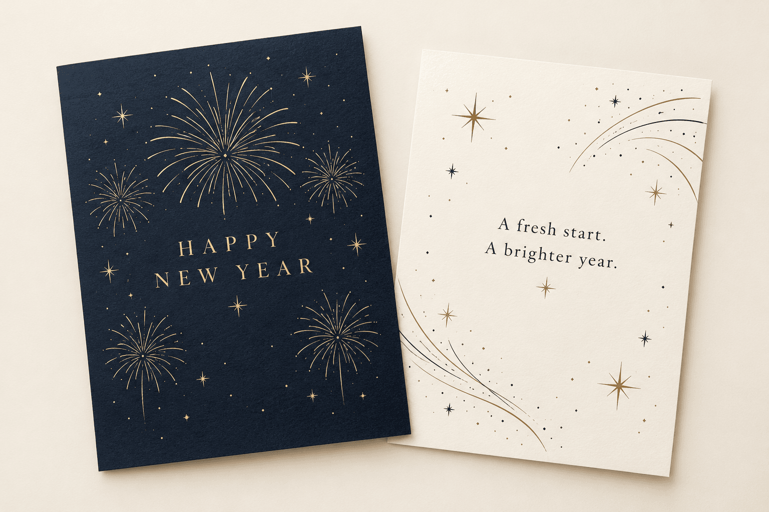 Coordinated navy and ivory New Year card artwork with fireworks and a short greeting.