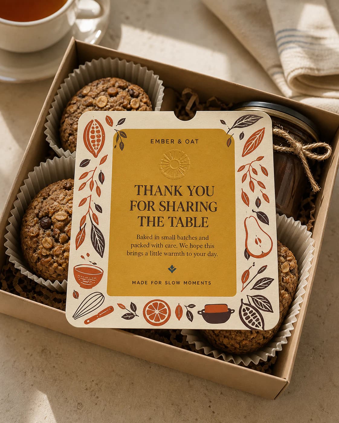 A warm illustrated thank-you insert presented inside a small-batch food gift box