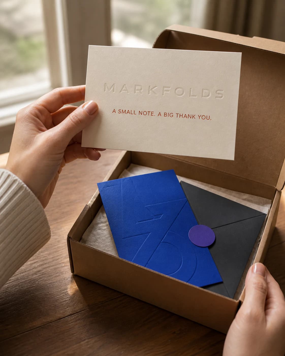 A hand holding a cream MARKFOLDS thank-you card above an open parcel with blue and black brand inserts