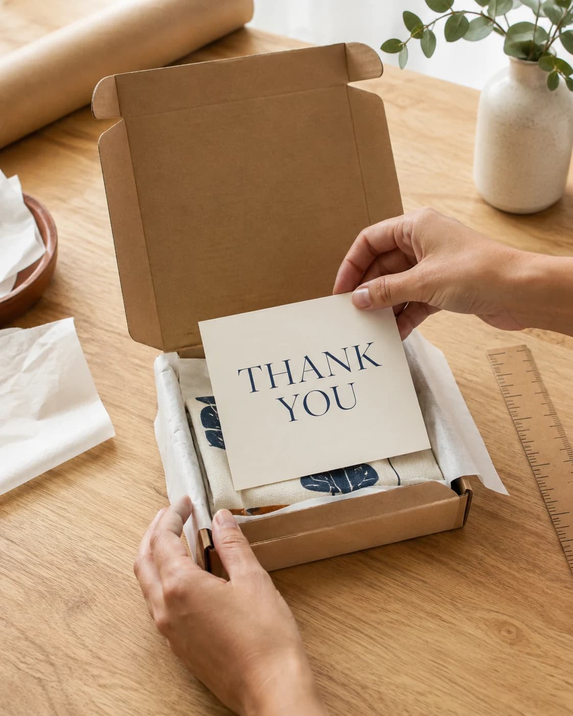 Hands testing a portrait thank-you card inside a small packed ecommerce parcel