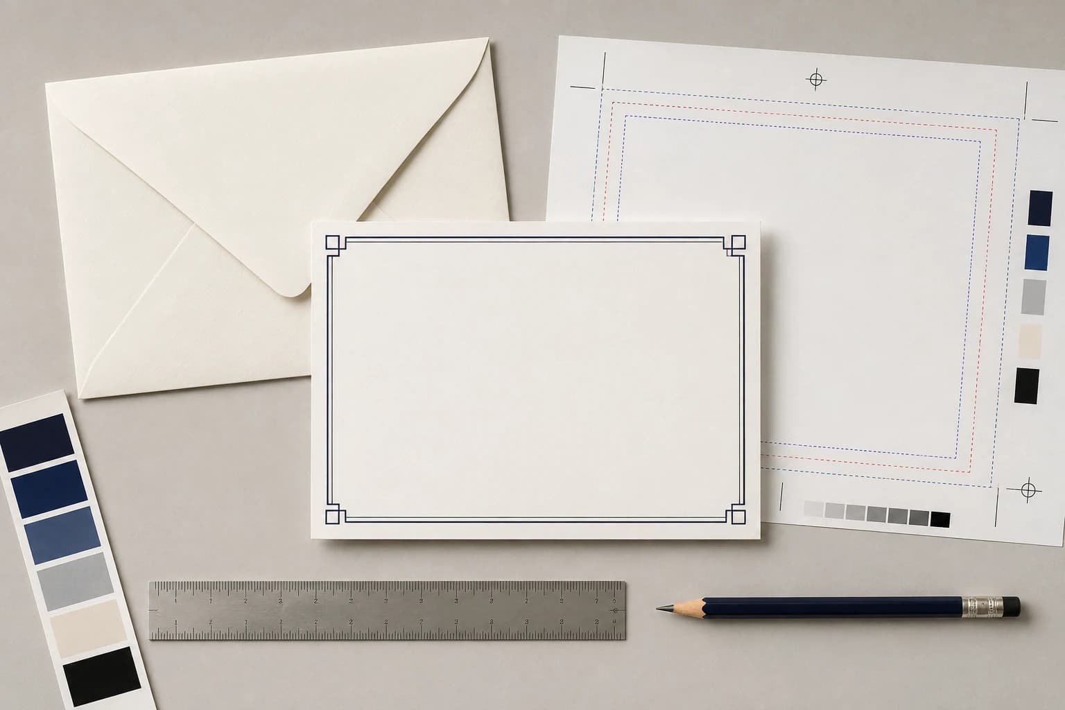 Blank card, envelope, ruler, and print proof with trim, bleed, and safe-area guide lines