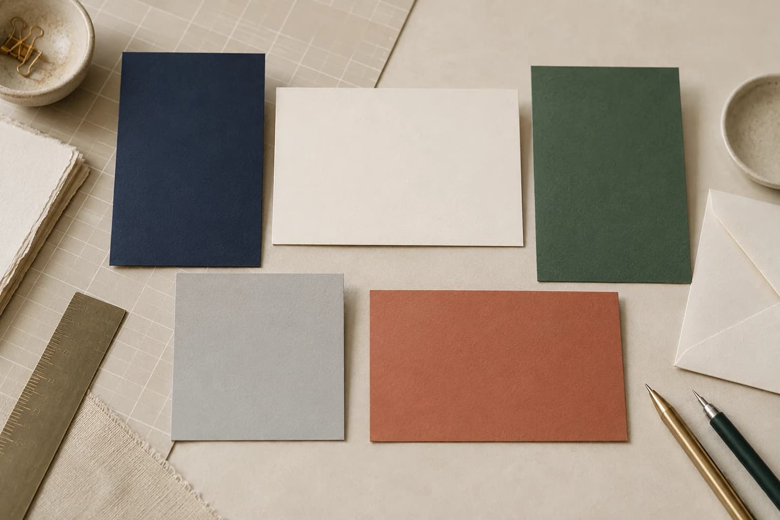 Five blank card formats in different proportions arranged beside a ruler and envelope