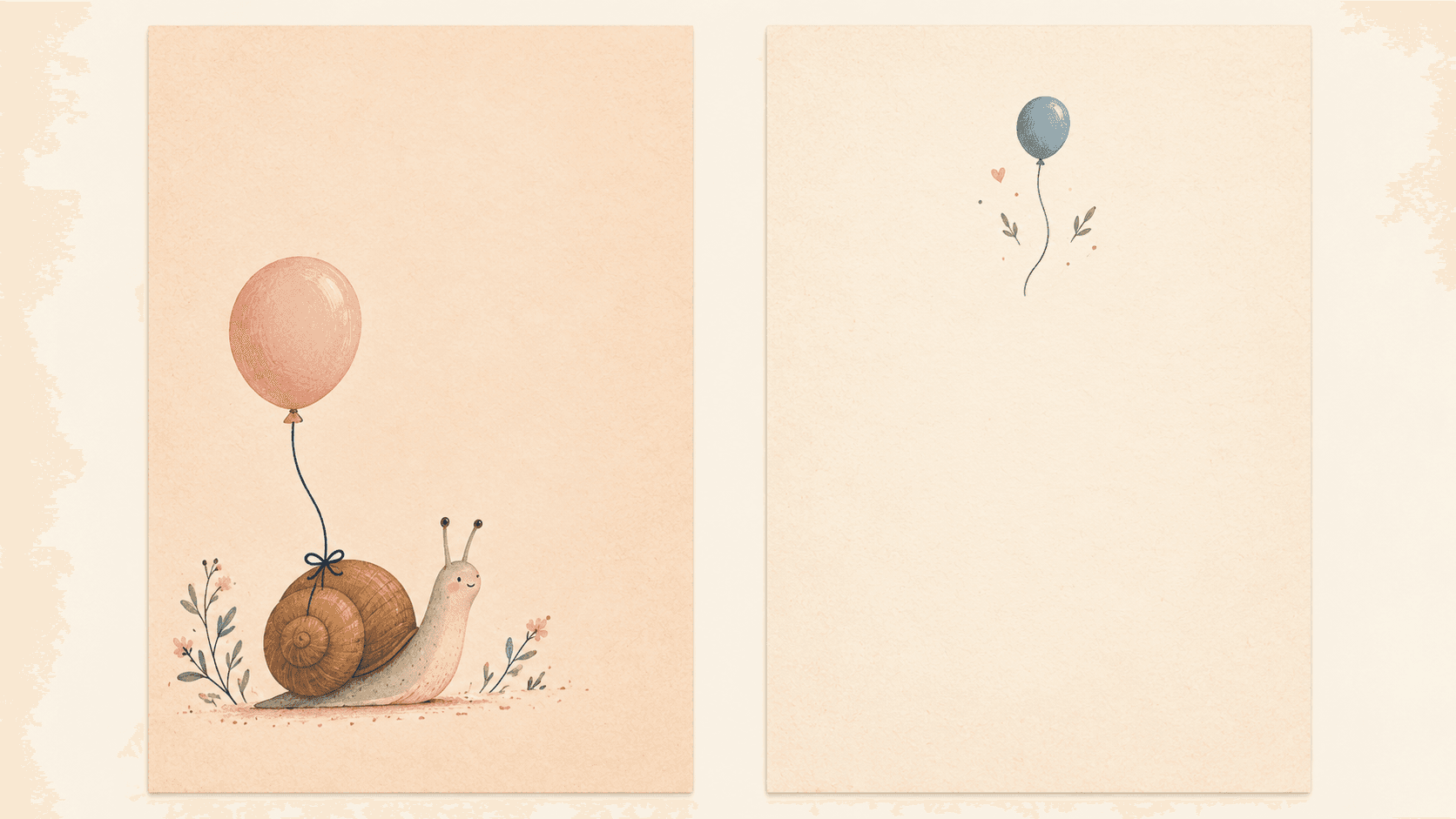 Illustrative coordinated Front and Back belated birthday card artwork with a small snail and balloon motif.