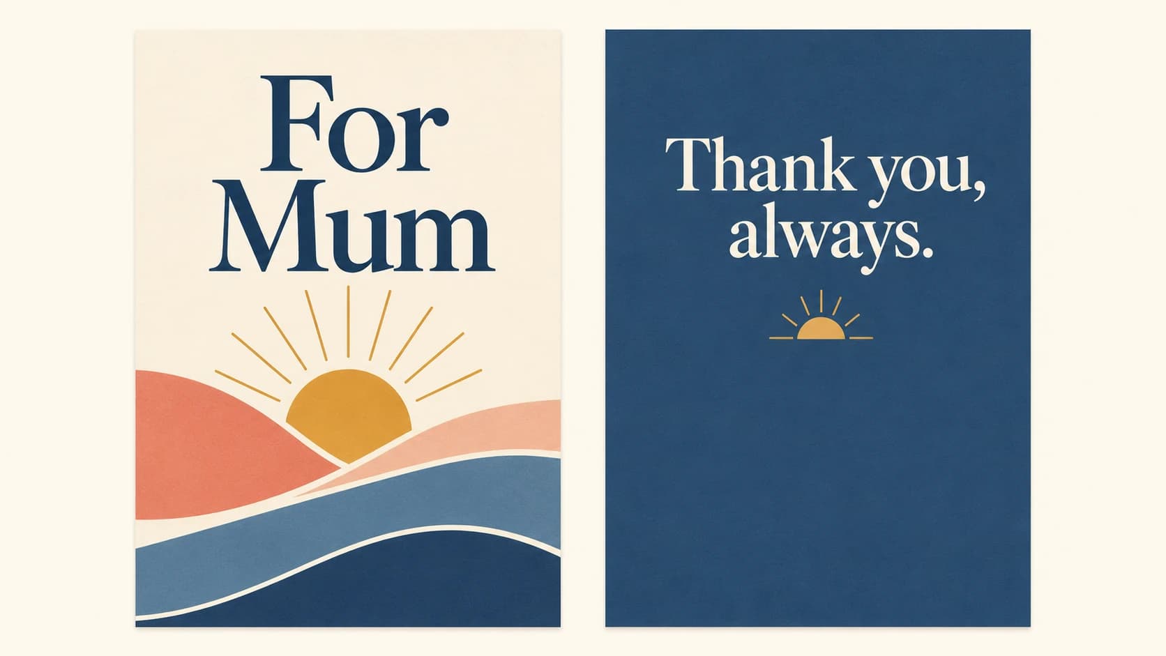 Illustrative Mother's Day Front and Back digital card designs with an abstract sunrise and short gratitude typography.