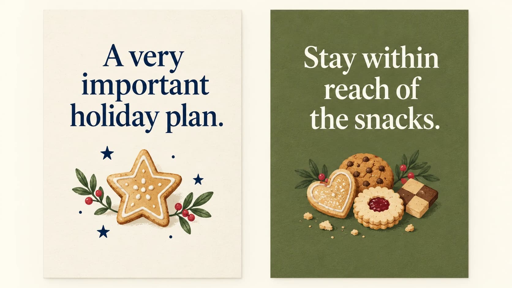 Illustrative Front and Back holiday card designs with a biscuit motif and a short snack-themed setup and punchline.