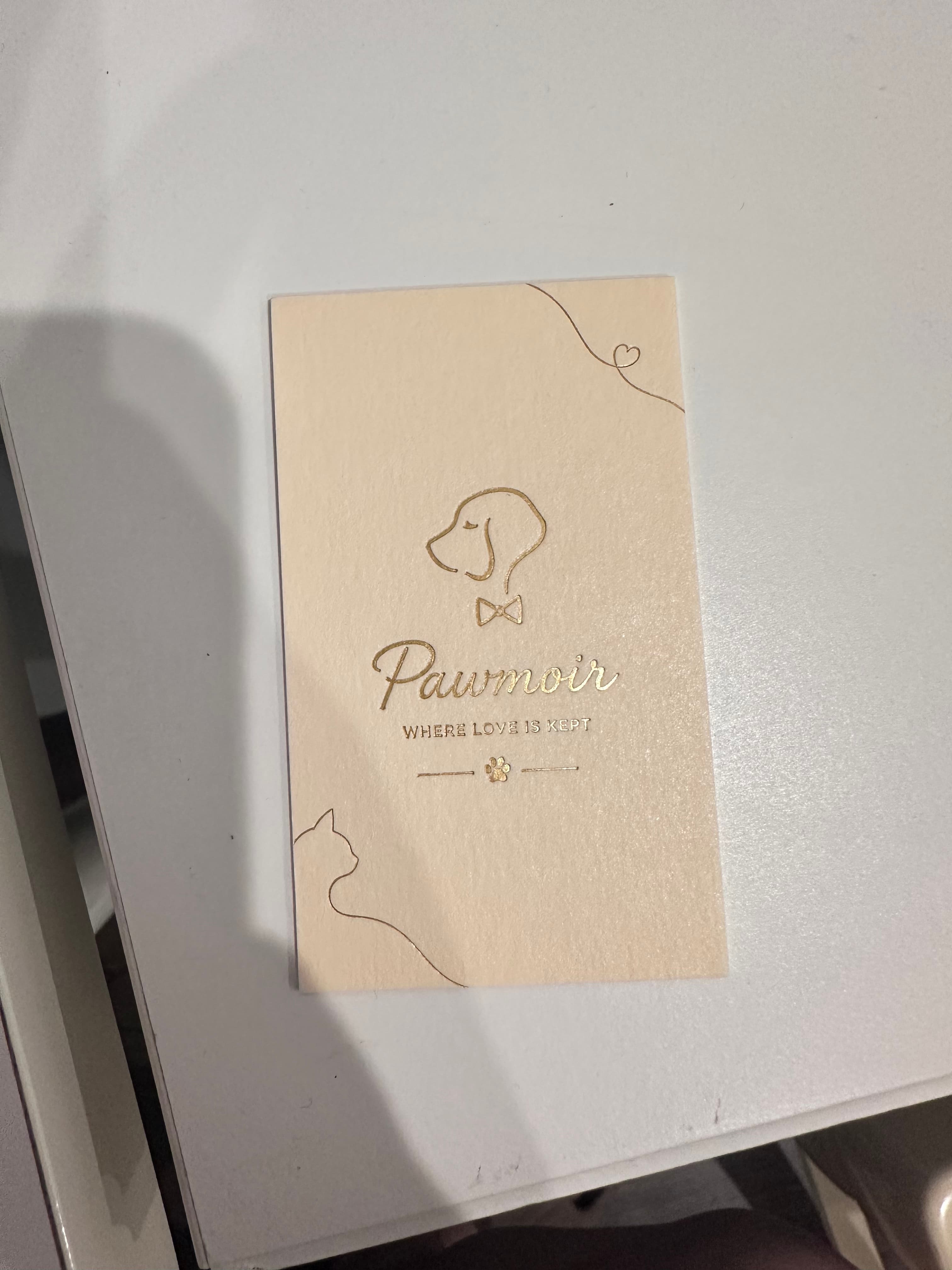 Photograph of the printed Pawmoir Front insert card on a white surface, showing gold-toned details on a warm cream card.