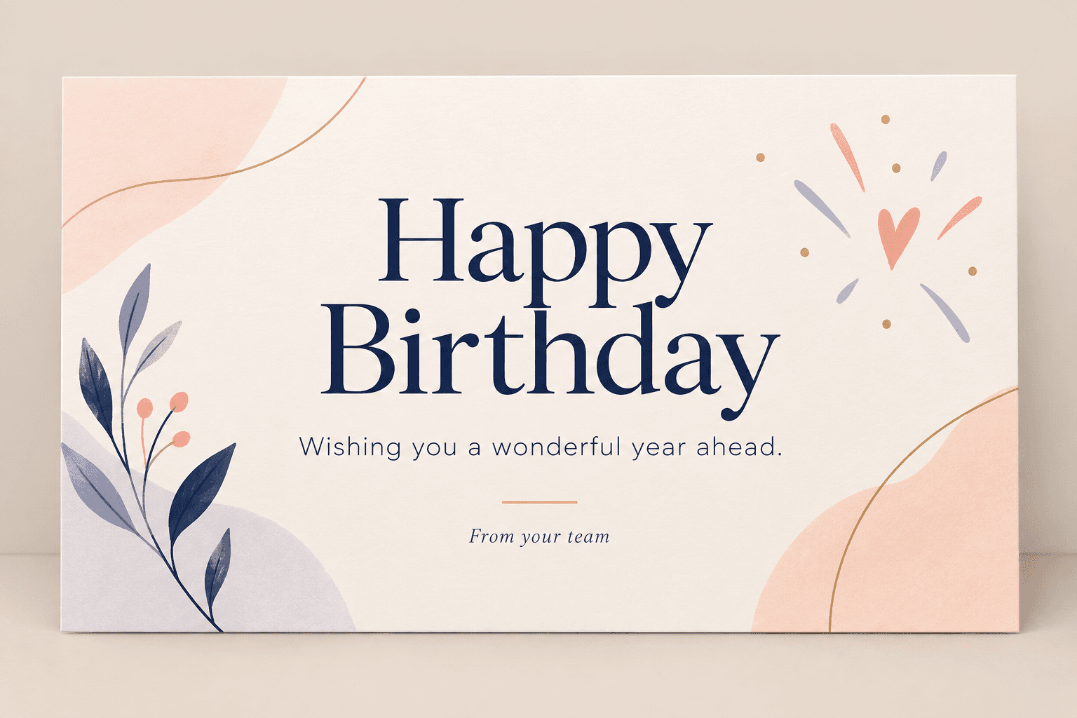 Fictional client birthday greeting card with a simple warm message and a small team signature