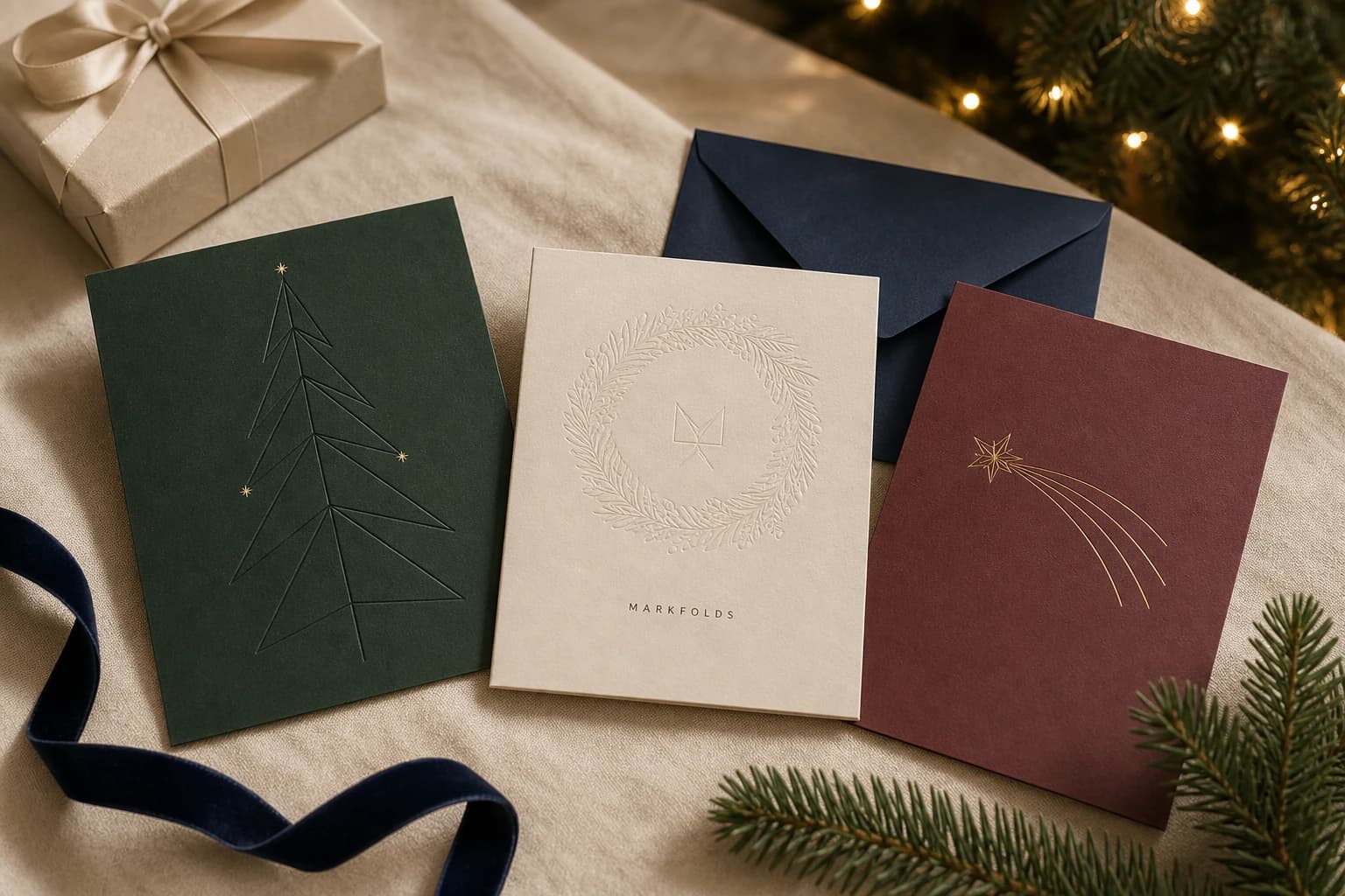 A refined collection of MARKFOLDS Christmas cards with tree, wreath, and shooting-star motifs