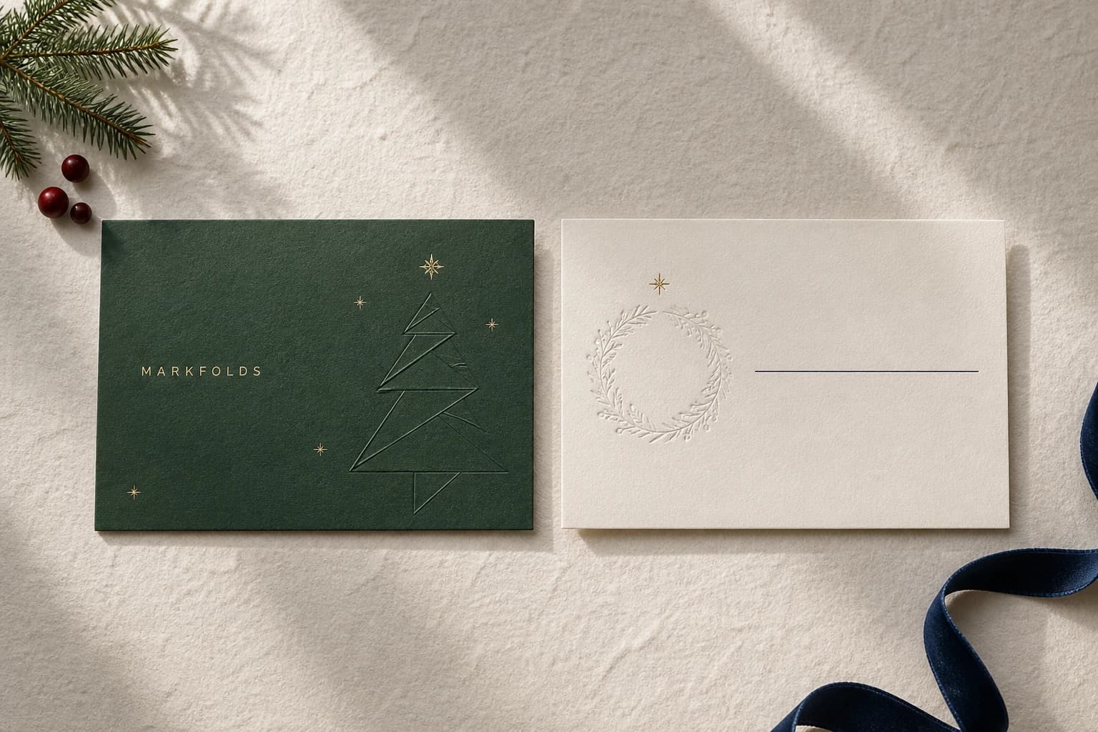 Coordinated Front and Back Christmas card design in forest green and ivory