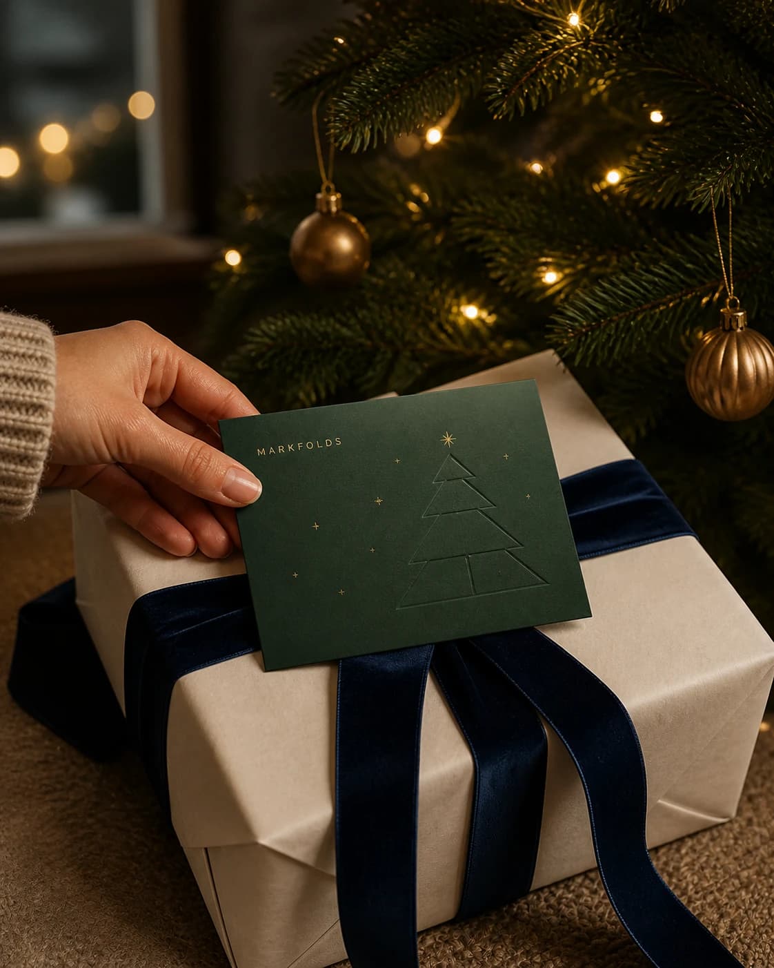 MARKFOLDS Christmas card placed on an ivory gift beneath a lit tree