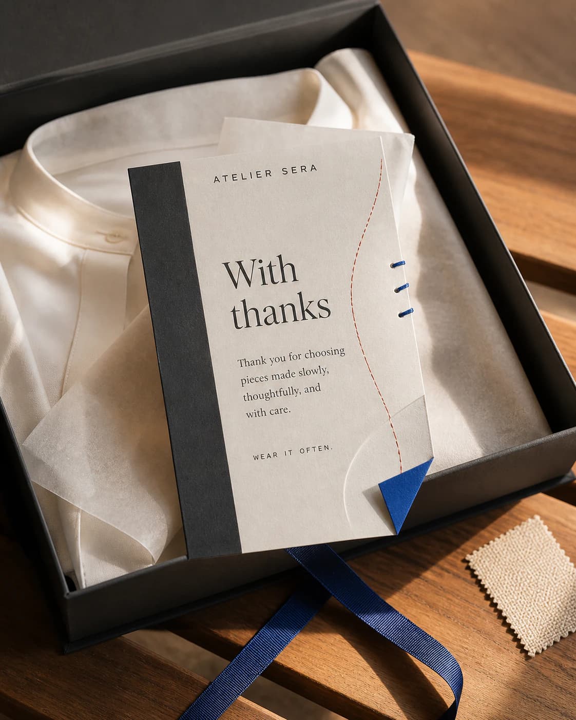 A typographic thank-you insert resting on a folded garment inside a black gift box