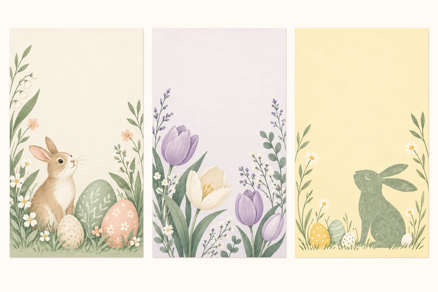 Three Easter card artwork ideas with a rabbit and pastel eggs, spring flowers, and a simple bunny silhouette.