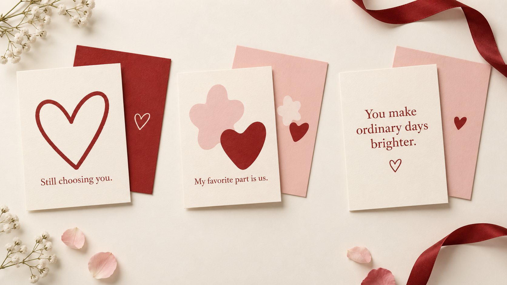 Three Valentine card design concepts with a heart, abstract shapes and short original messages on ivory cards.