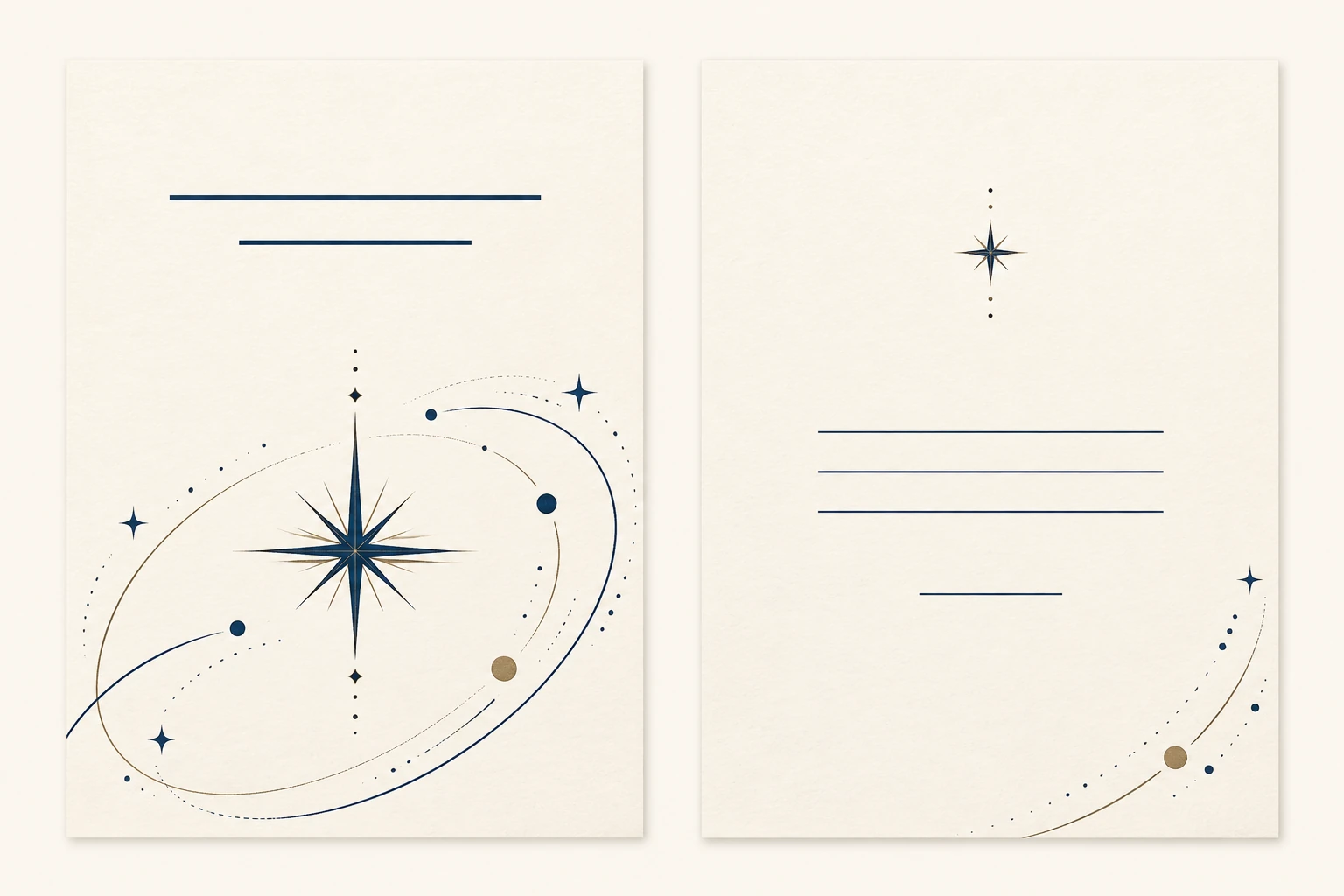 Concept illustration of separate ivory Front and Back graduation card artworks with ink-blue stars, orbit lines, and space for a short greeting and note.