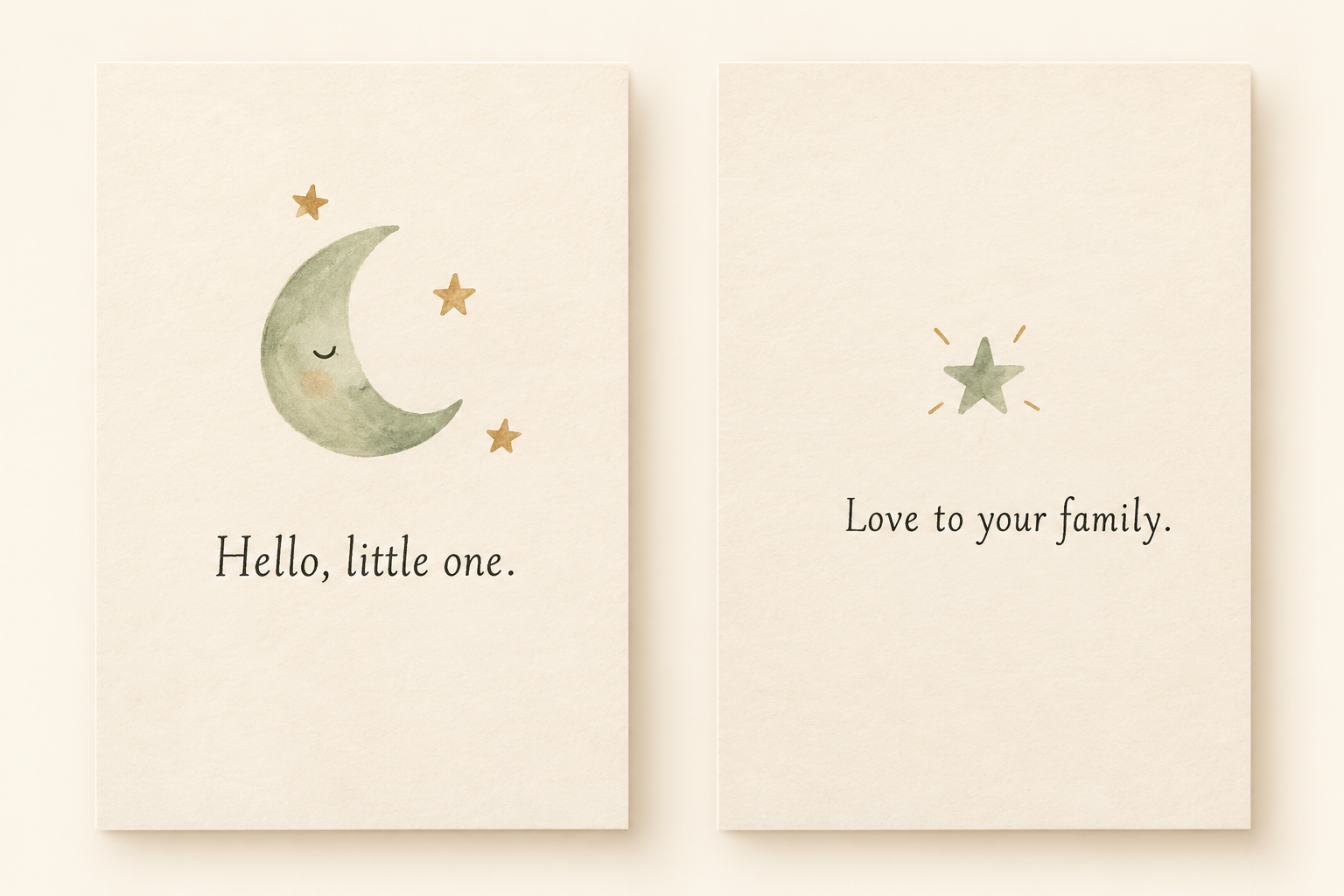 Concept illustration of separate cream Front and Back new baby card artwork with a small moon, stars and short greetings.