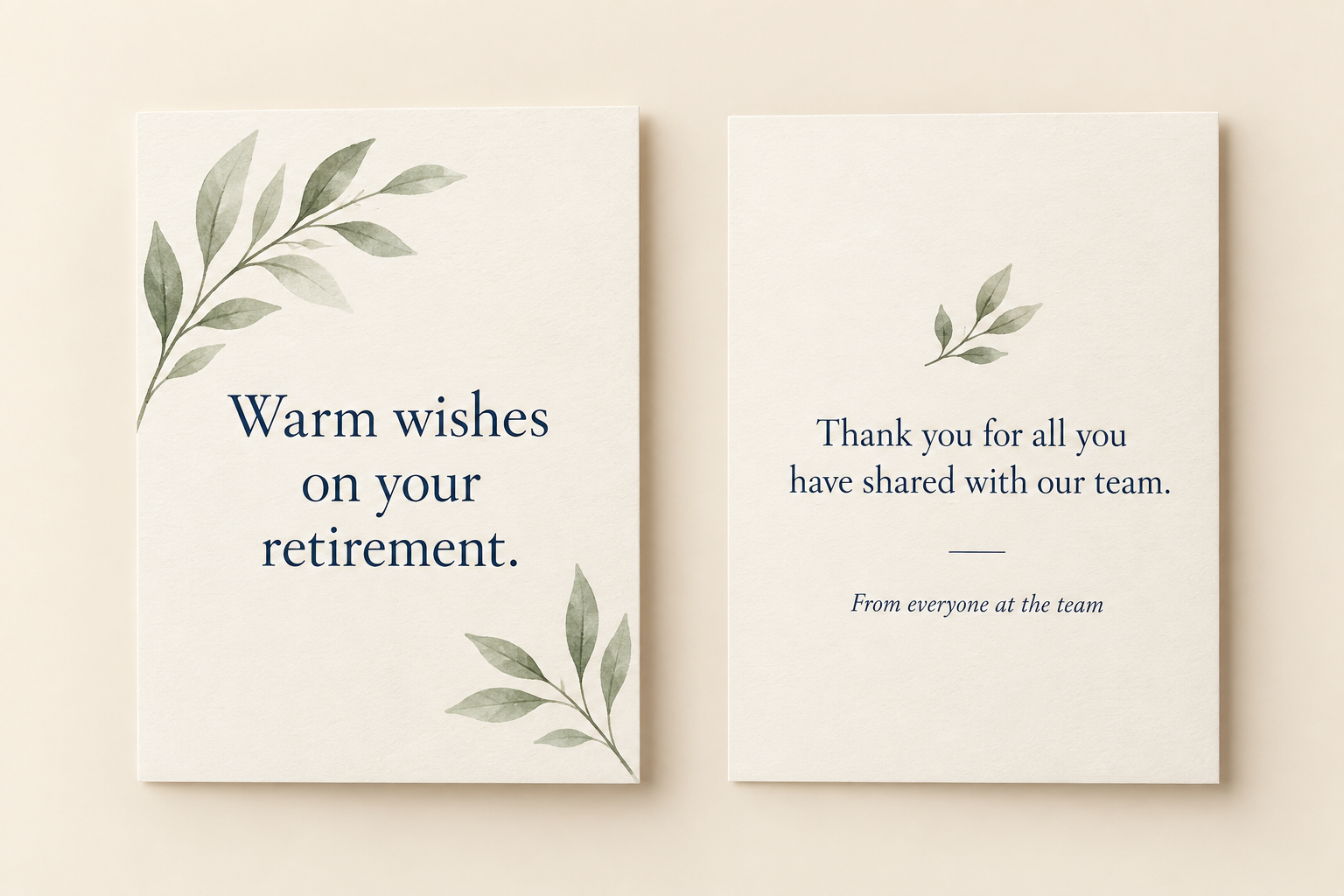 Concept illustration of separate Front and Back retirement cards with a short greeting and a team sign-off.