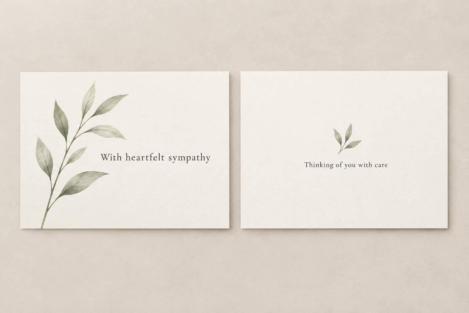 Two ivory sympathy card concepts with a sage botanical sprig and short messages on separate front and back panels.