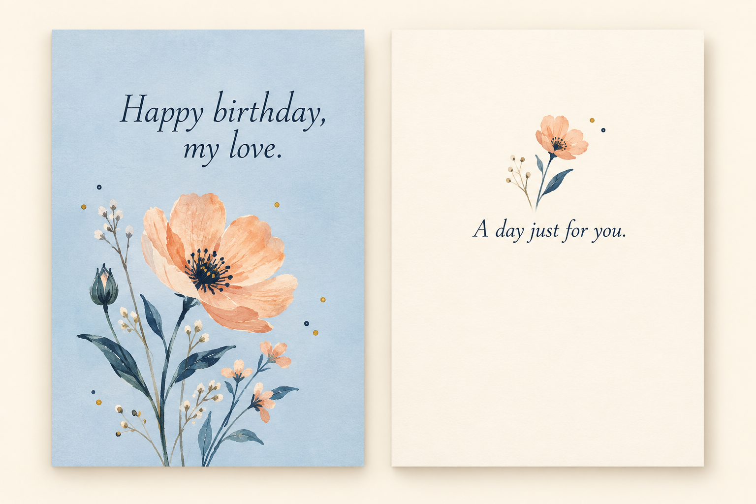 Concept illustration of separate blue Front and cream Back birthday card artwork with apricot flowers and short greetings.