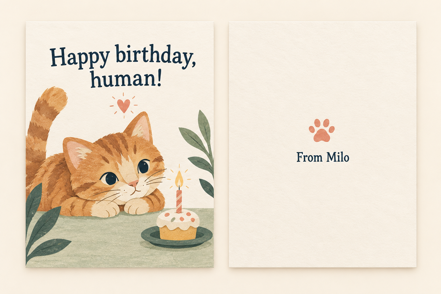 Illustrated birthday card front with a ginger cat and the words Happy birthday, human!, beside a back panel signed From Milo.